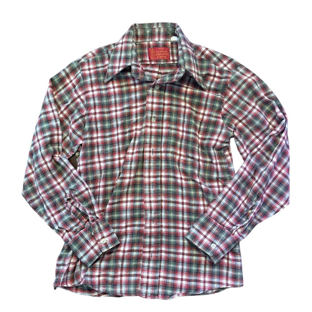 SEARS Kings Road Red Green Plaid Flannel Shirt Jacket Mens L 15x15.5 Vintage